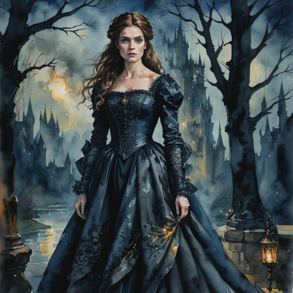 Dark Fantasy Duchess Watercolor Portrait in Gothic Castle
