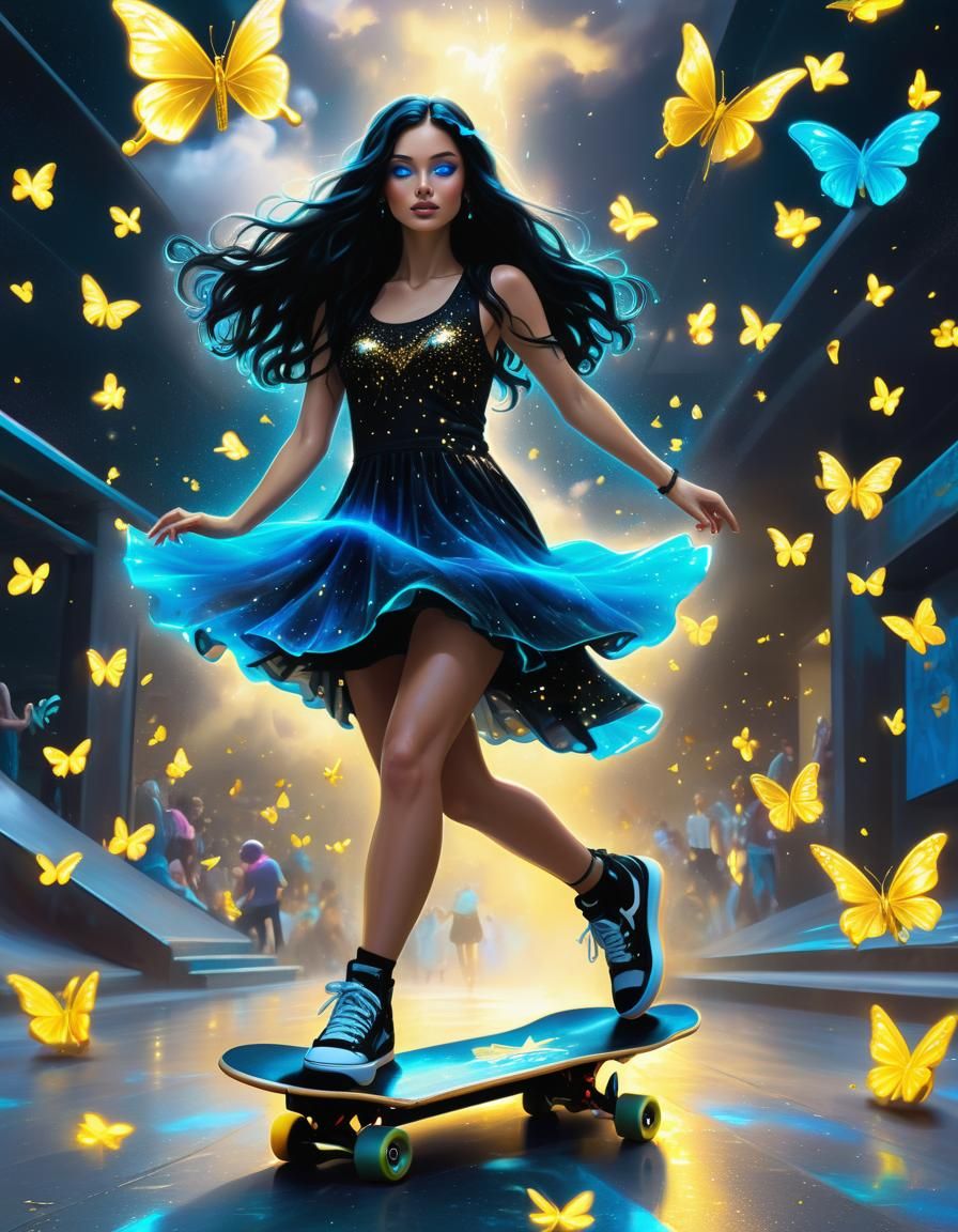 Mythical Girl Skateboarding in Gold Skatepark