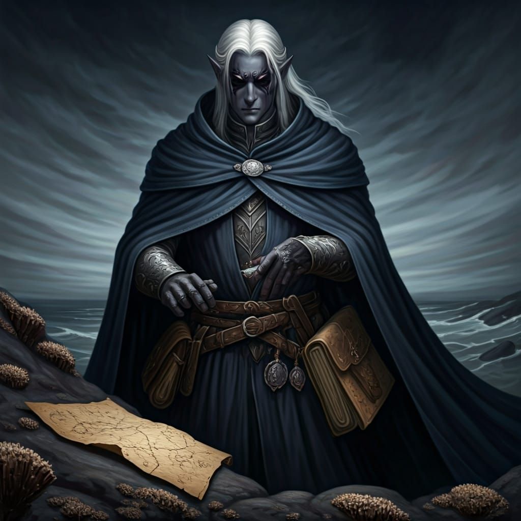 Blind Drow Reading Map on Rocky Shore