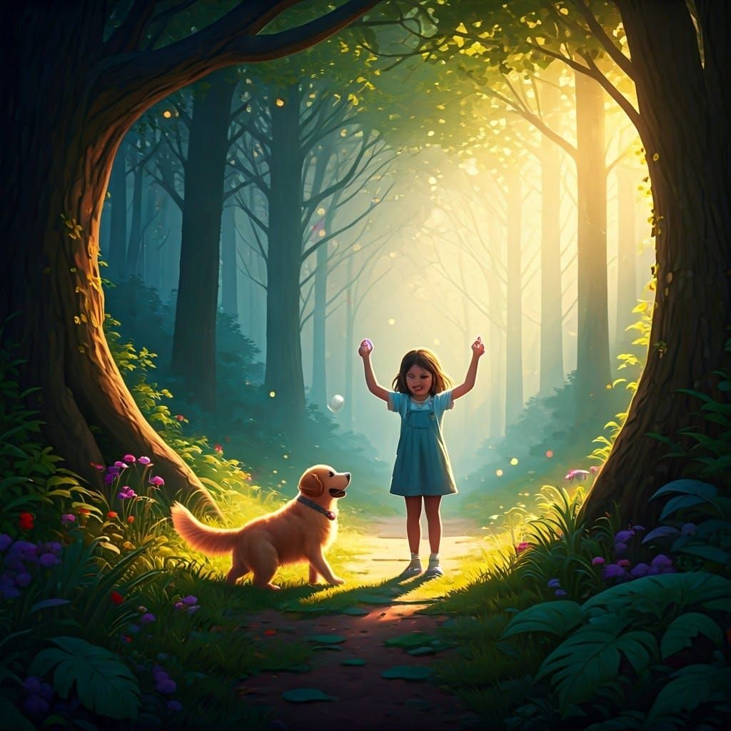 Magical Forest Adventure with Girl and Golden Retriever