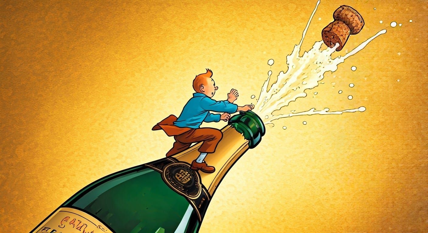 Tintin Climbs a Bottle of French Wine in Vintage Comic Style