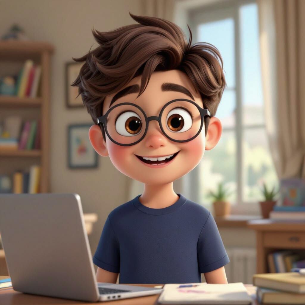 Pixar Style 11-Year-Old Boy with Glasses in Egyptian Home