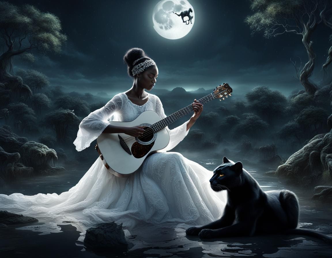 Woman Playing Guitar with Panther Under Full Moon