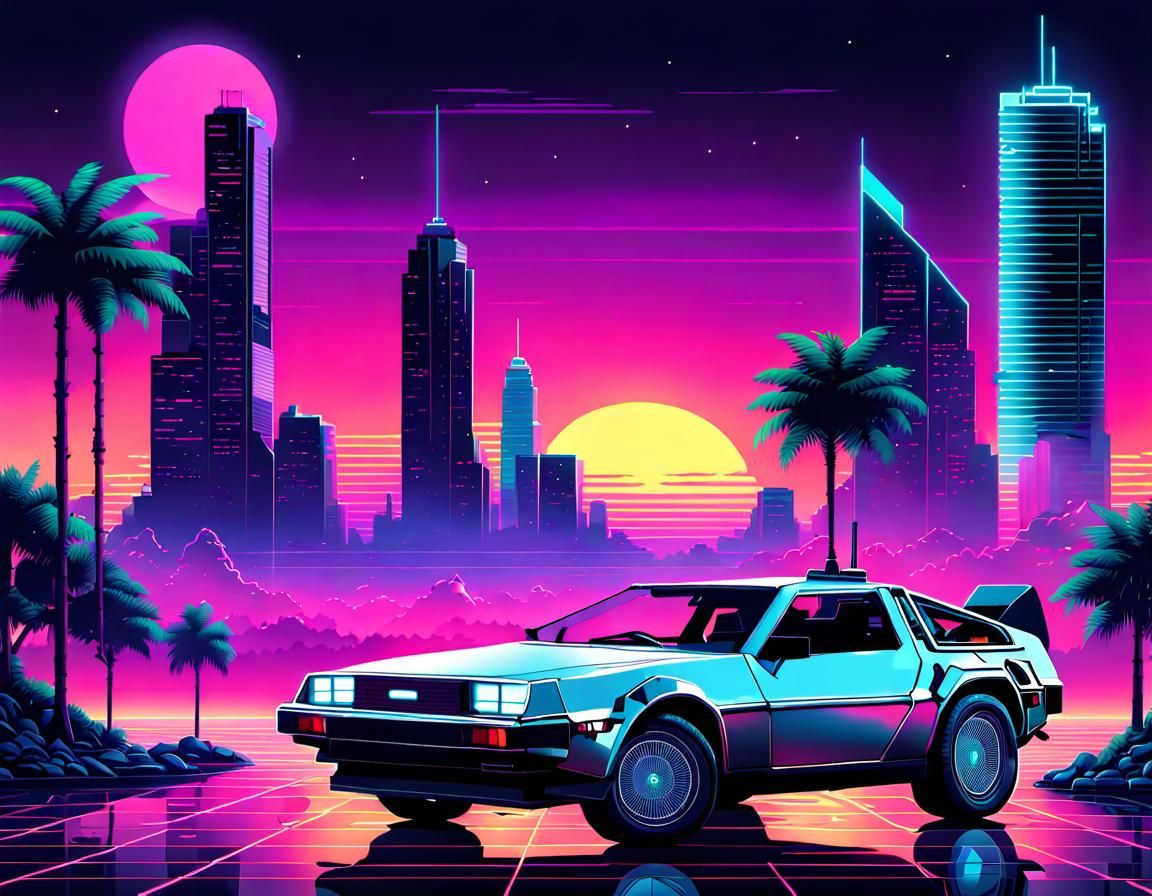 Vaporwave Cityscape at Night in 8-bit Style