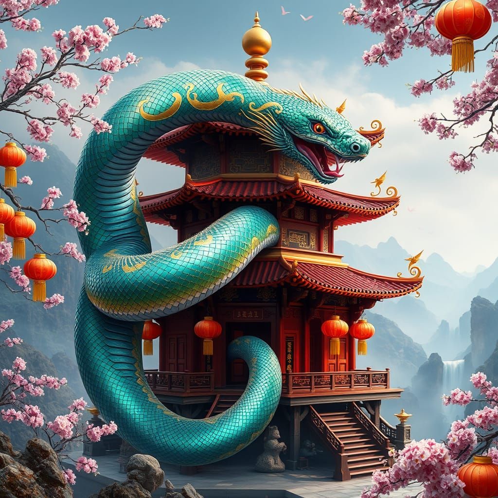 Surreal Snake Brings Prosperity to Ancient Chinese Pagoda