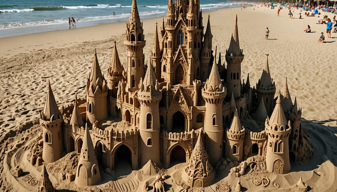 Gothic Sandcastle Inspired by Gaudí, Surrealist Beach Art