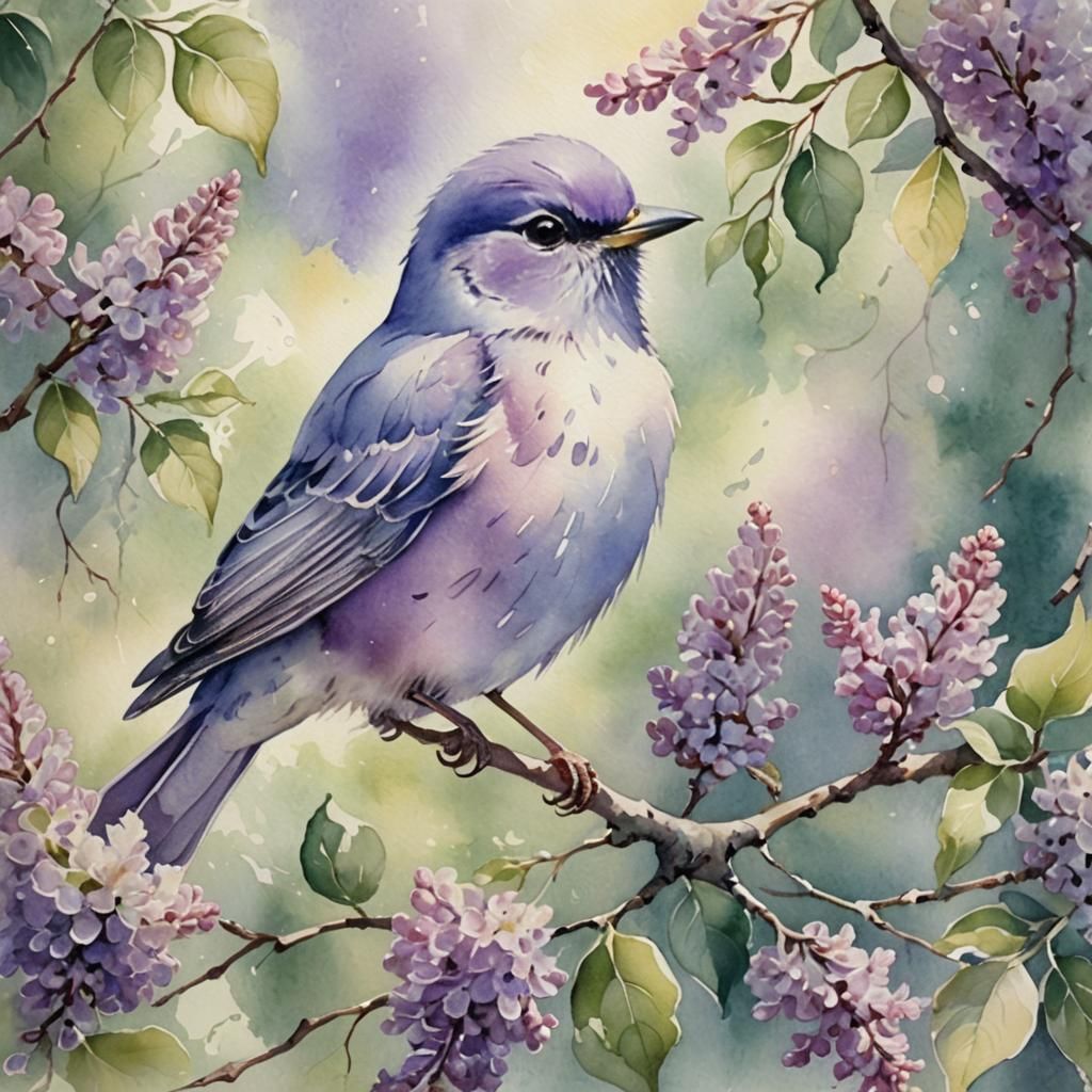 Lilac Bird Singing: Watercolor Portrait