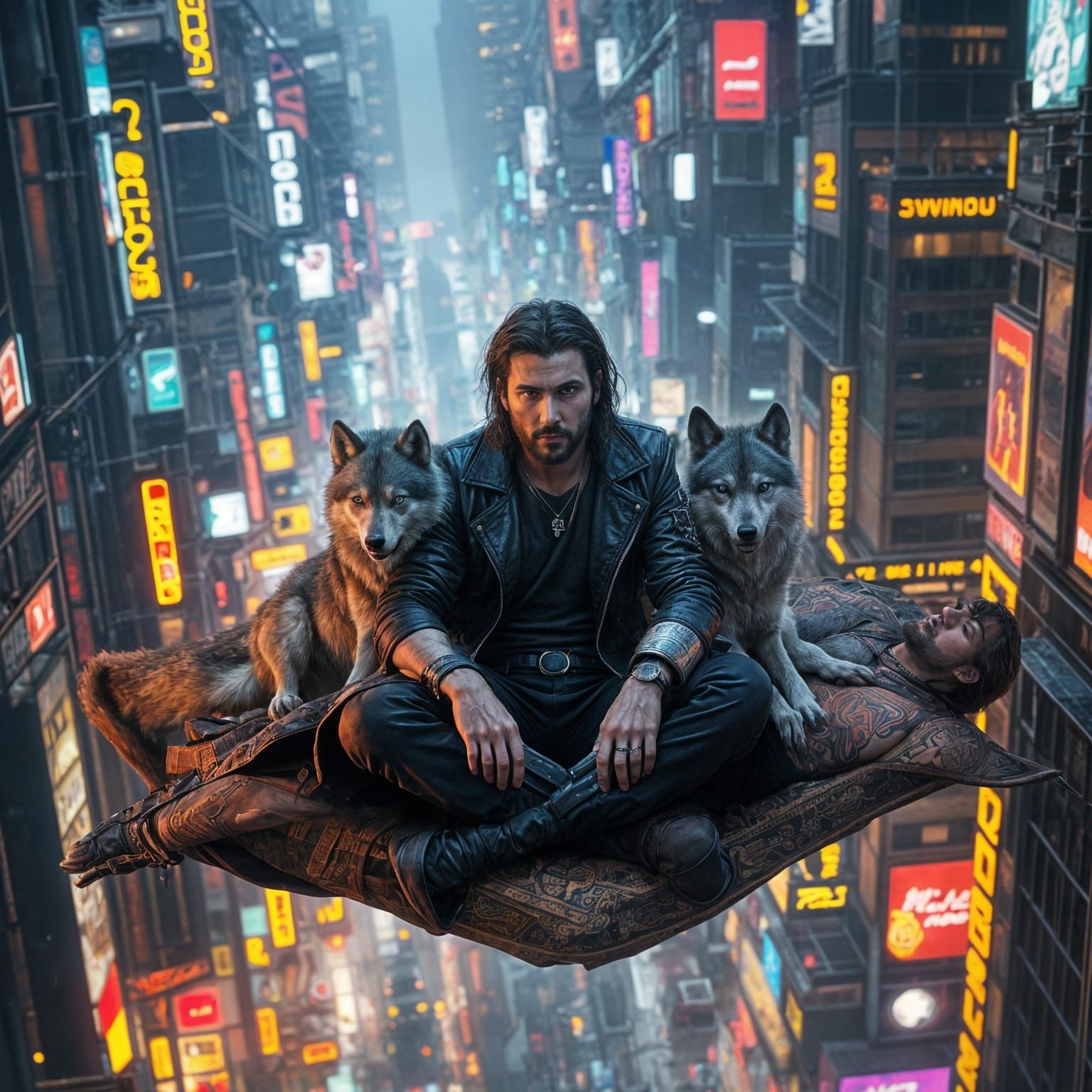 Cyberpunk Hero Rides Carpet Through Dystopian Cityscape