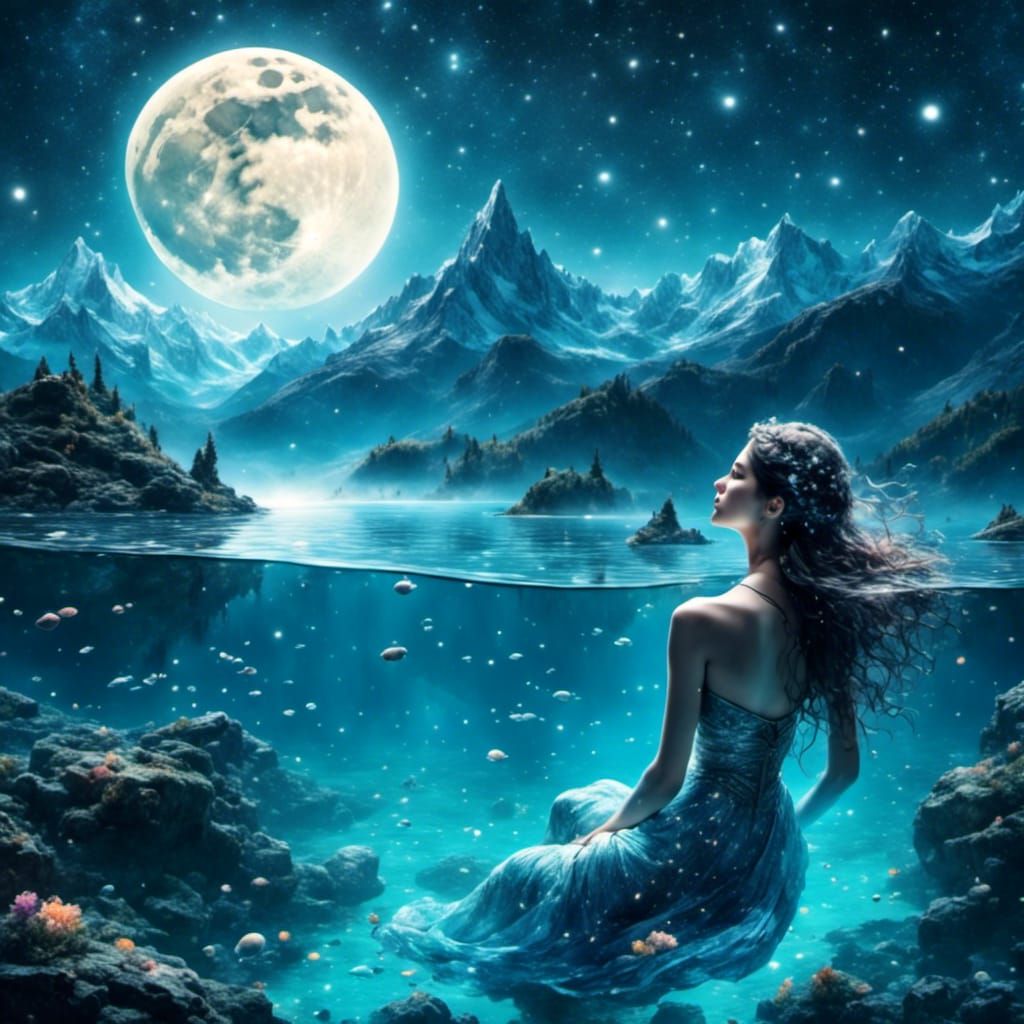 Celestial Swim: Woman, Moon, and Stars