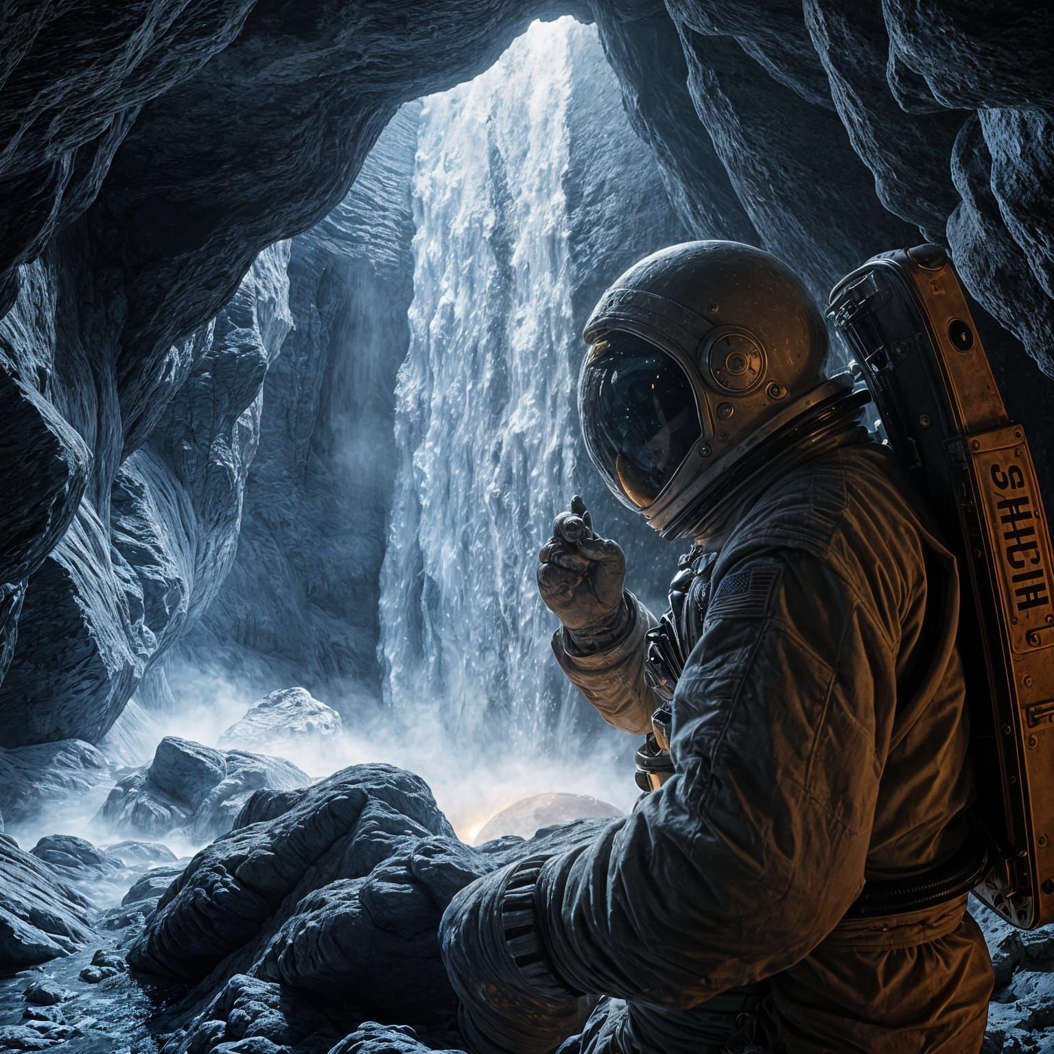 Moon Elixir Waterfall Sampled by Astronaut