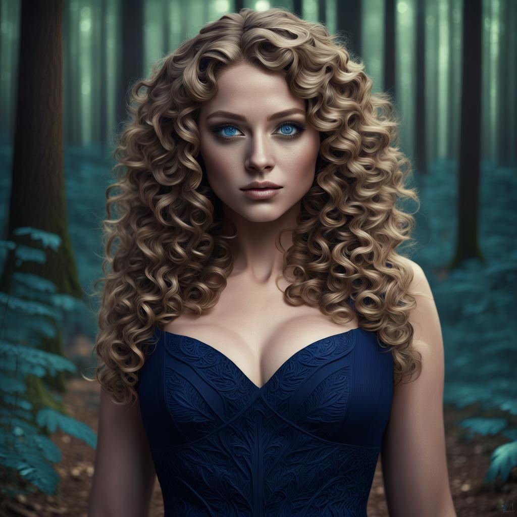 Beautiful Girl with Dark Hair in Midnight Forest