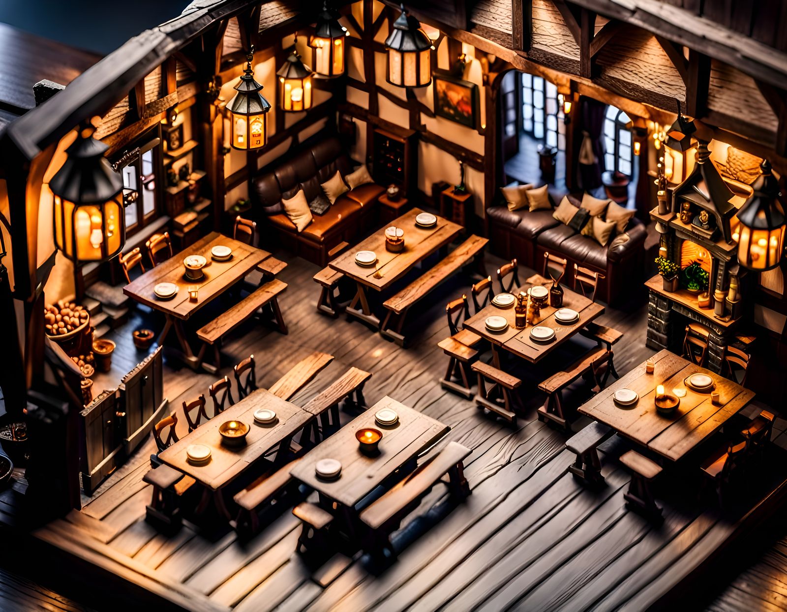 Detailed Medieval Tavern Diorama in Isometric View