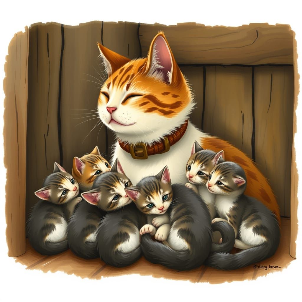 Mother Cat Protects Her Kittens in Whimsical Rustic Barn Sce...