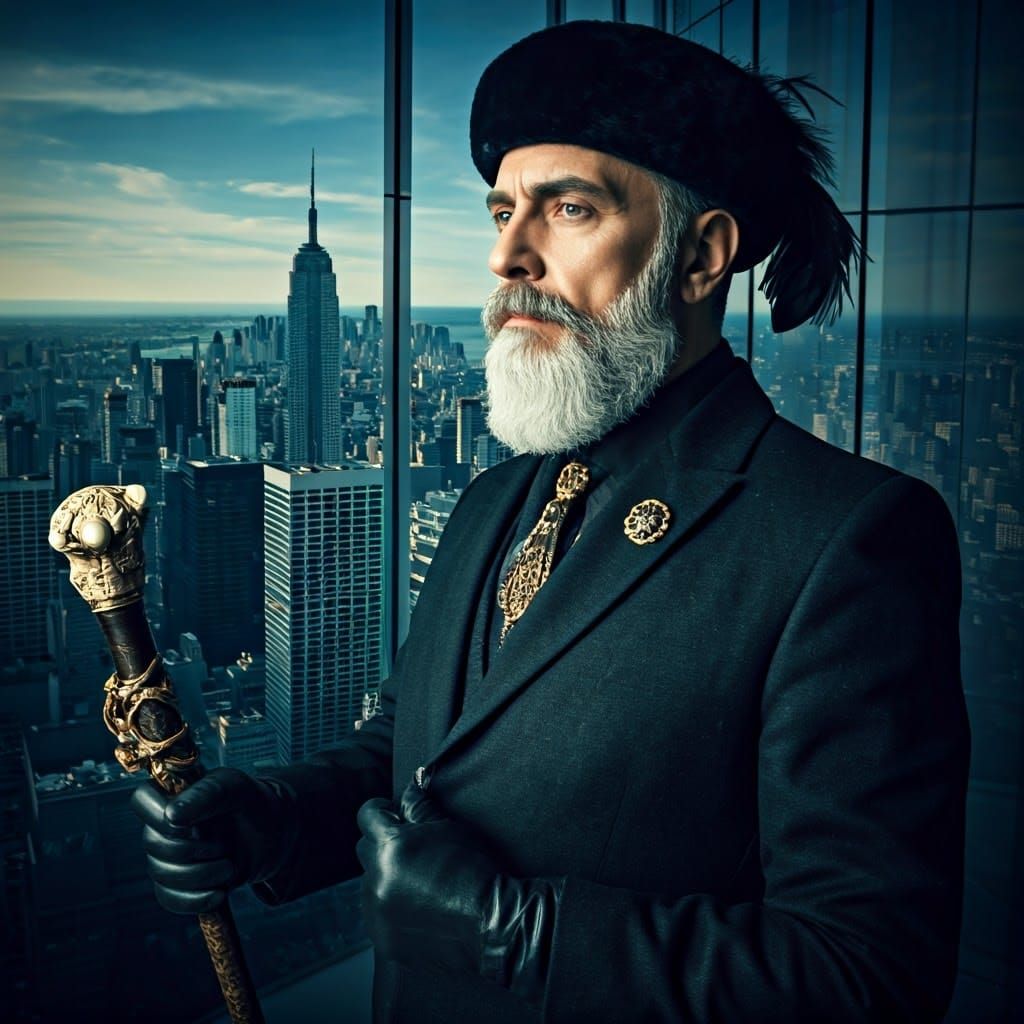 Elegant Elderly Gentleman on a Skyscraper Balcony