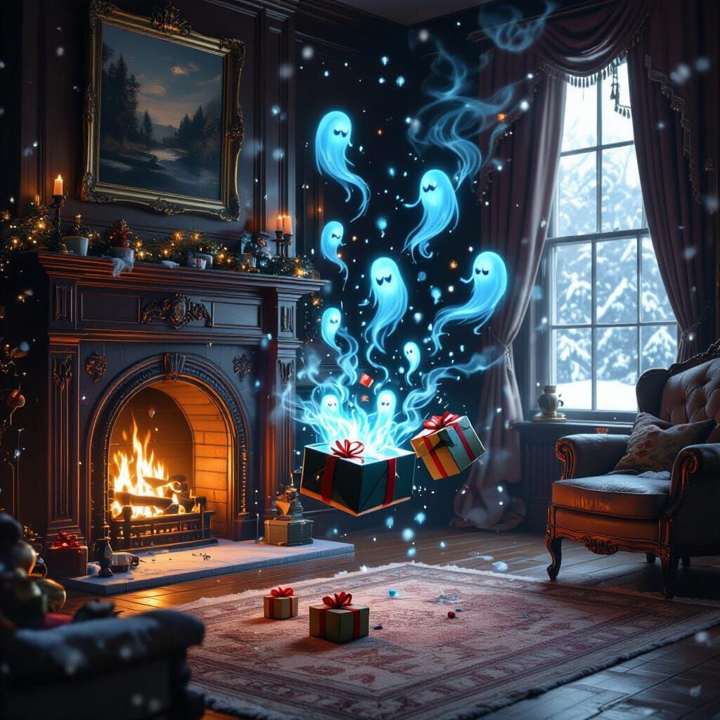 Victorian Living Room with Levitating Gifts and Blue Spirits