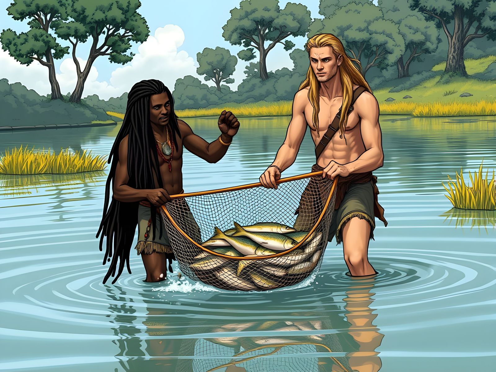 Tribesmen Haul in a Bountiful Catch in a Serene Lake Scene