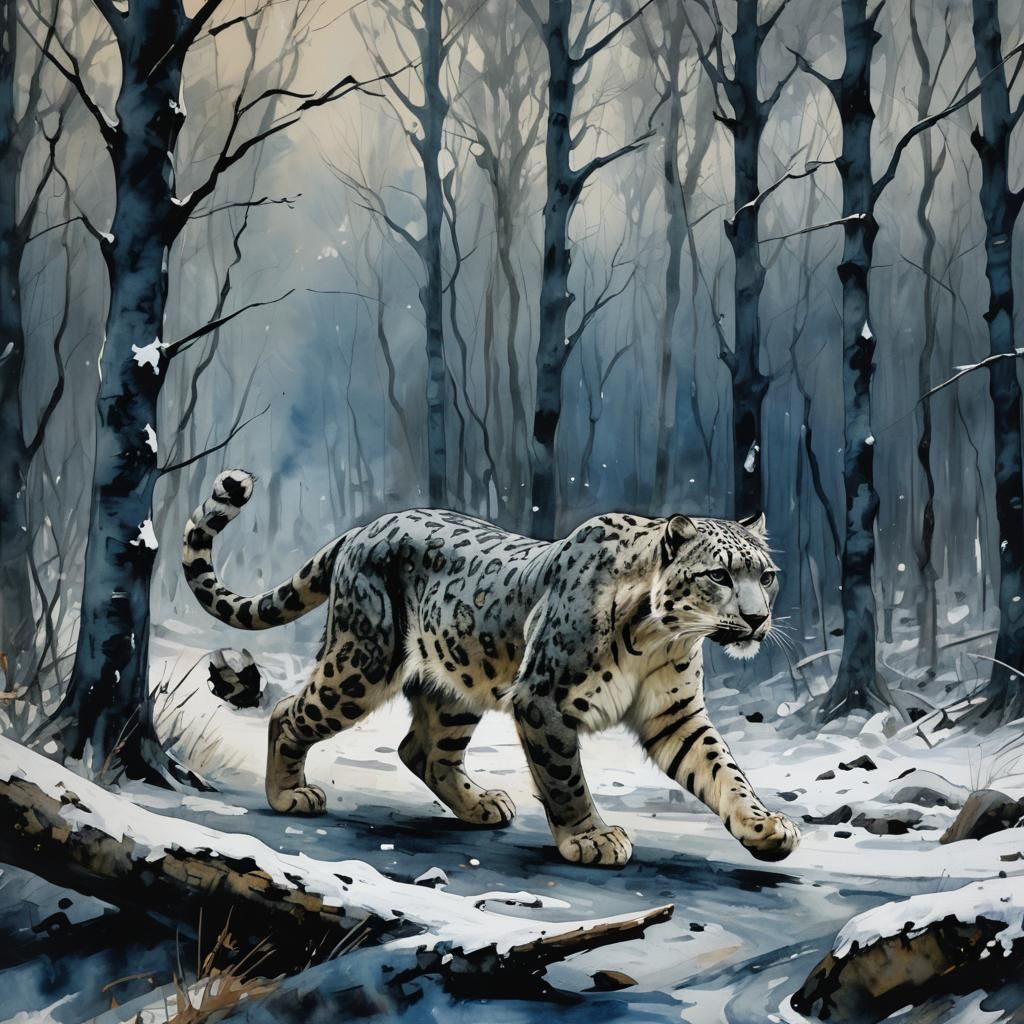 Snow Leopard in Abstract Expressionist Forest