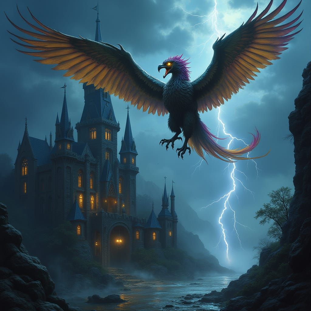 Regal Griffin Soars Through Turbulent Stormy Sky Above Gothi...