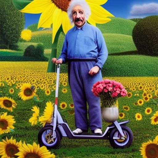 Einstein Rides Scooter in Sunflower Garden