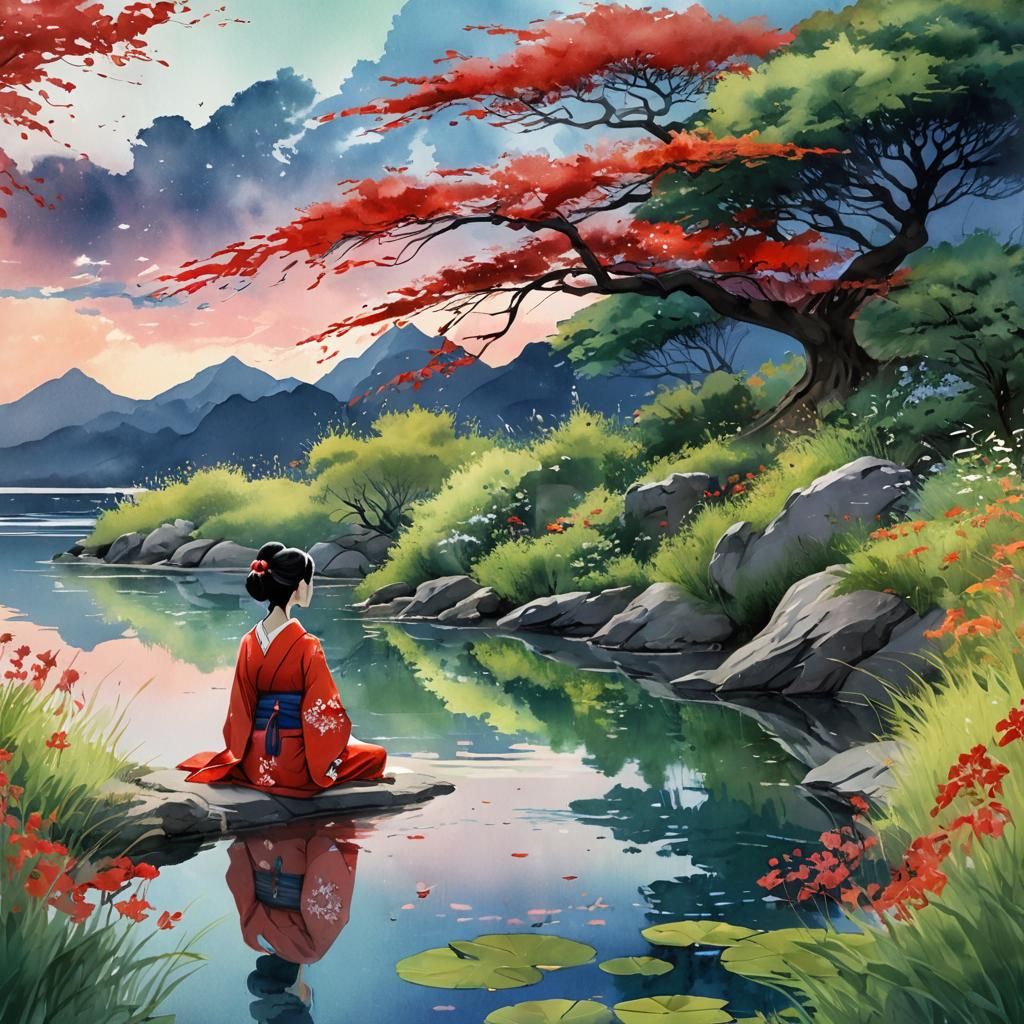 Girl in Kimono by Lake: Watercolor Concept Art