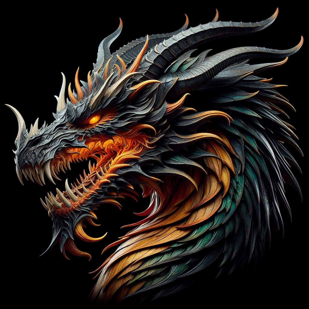 Detailed Dragon Head with Fiery Mane