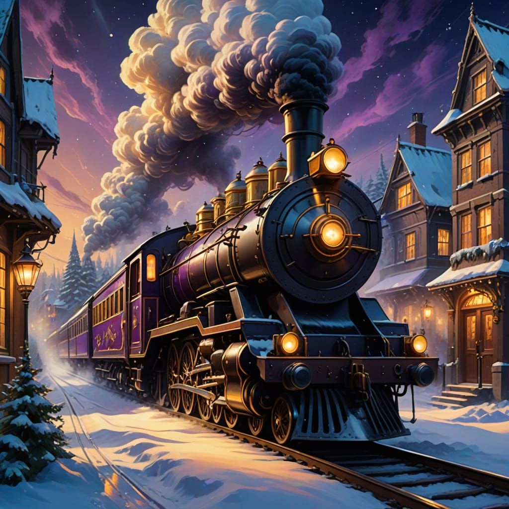 Magical Golden Steam Train with Santa in Winter Village