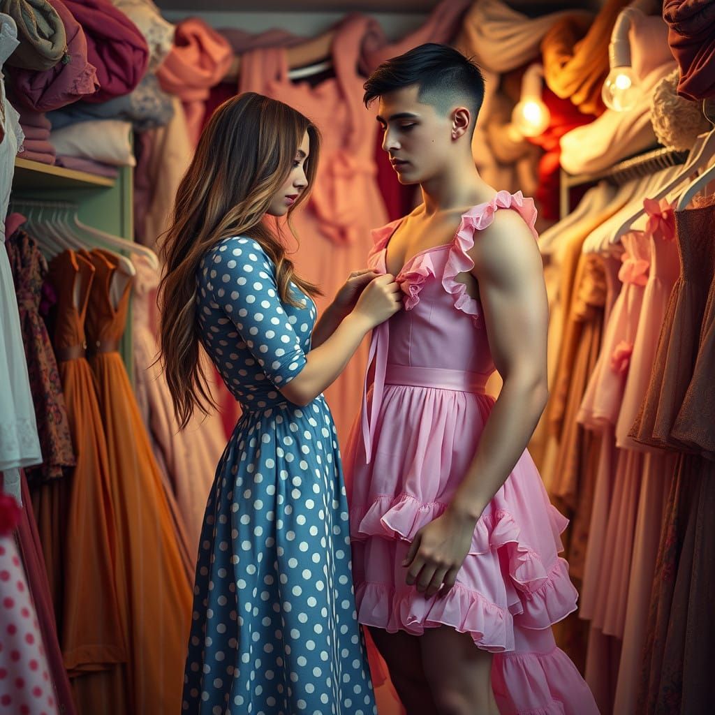 Woman Adjusts Ribbon on Androgynous Man in Quaint Dress Shop