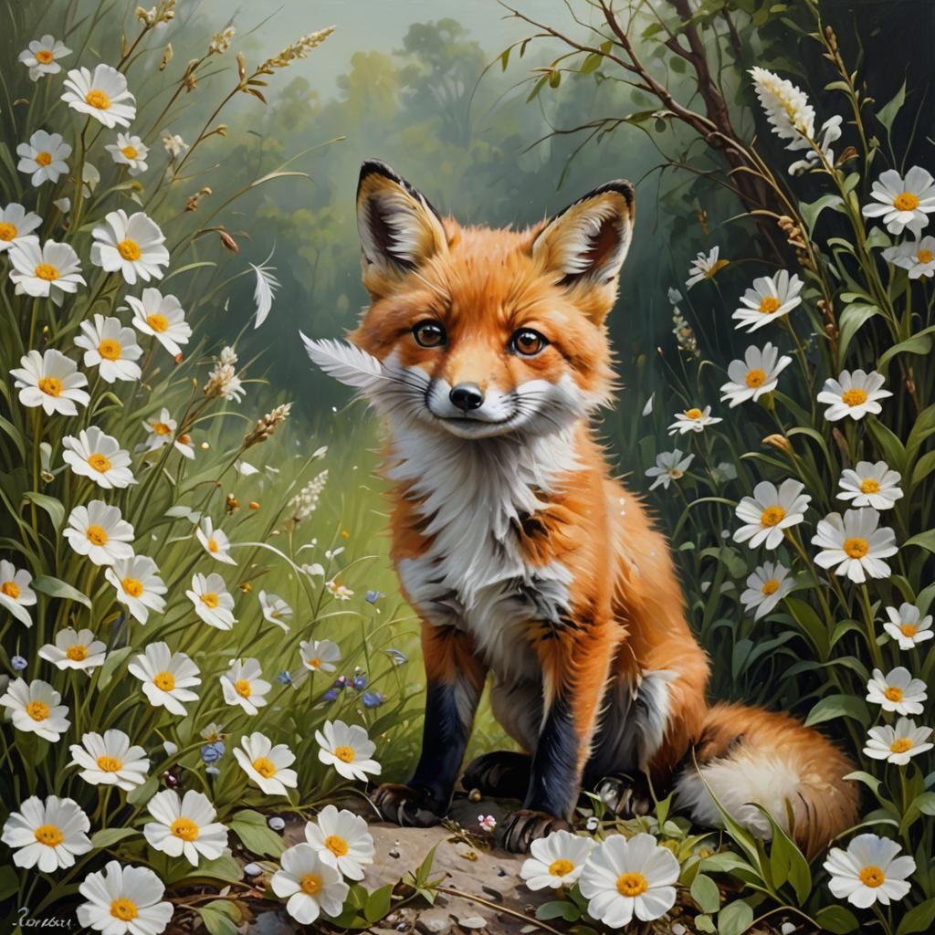 Fox Cub Playing with Feather: Oil Painting