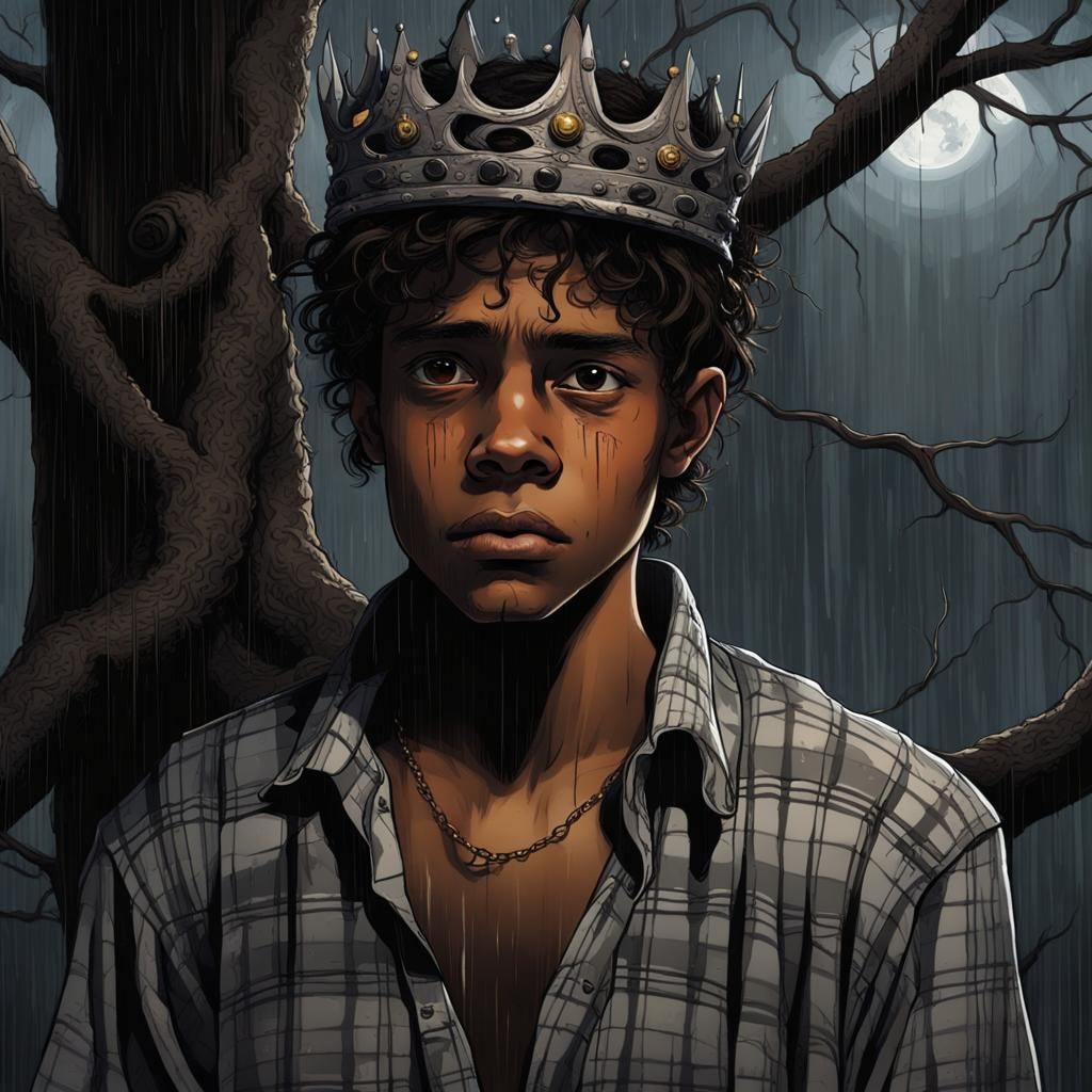 Doomed Teen with Crown of Thorns in Rain