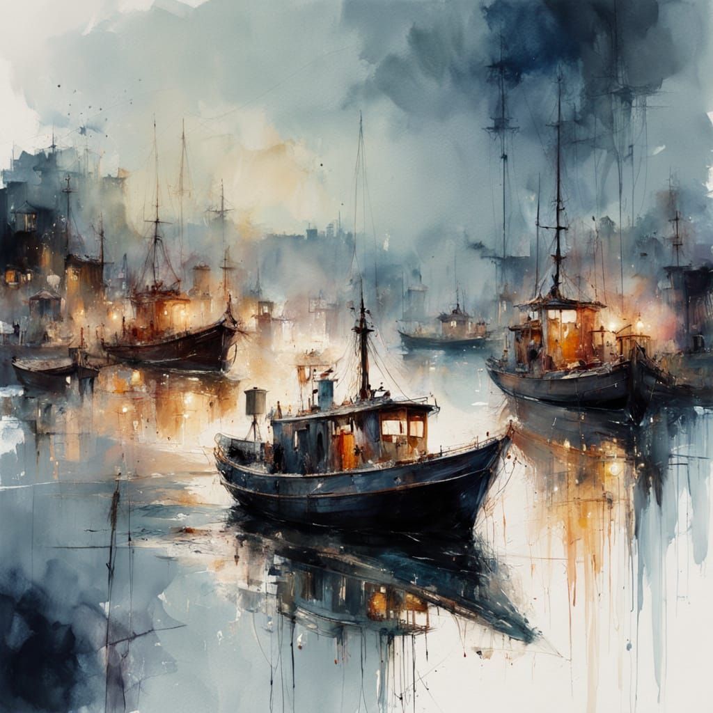 Ethereal Harbor at Night: Moonlit Docks and Gentle Mist