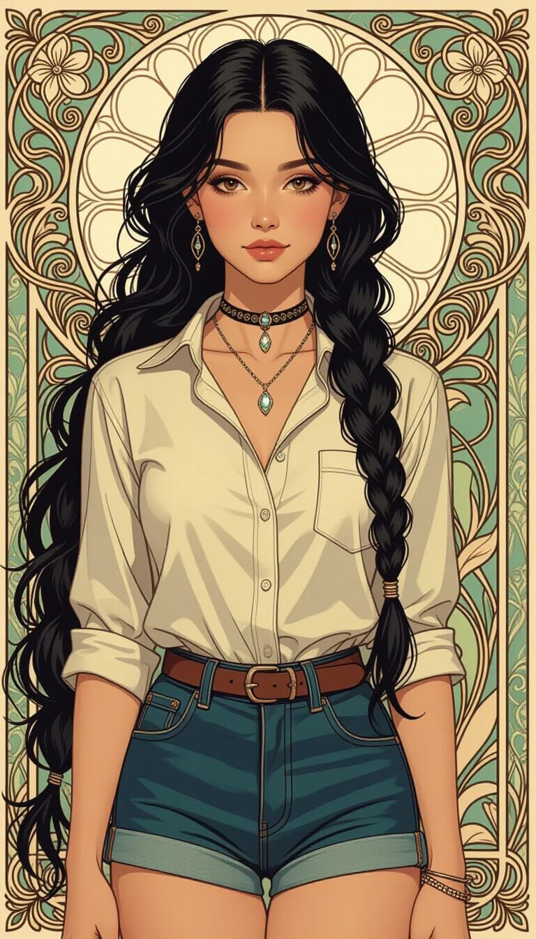 Elegant Woman with Silver Braids in Art Nouveau Style