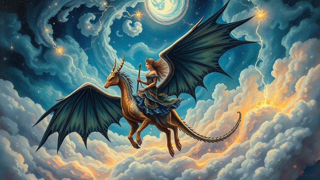 Winged Sorceress on Wyvern in Fractal Cloudscape