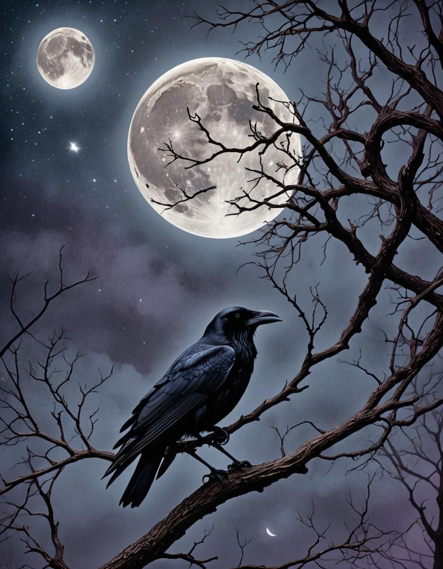 Raven Squawking at Moon in Dark Fantasy Style