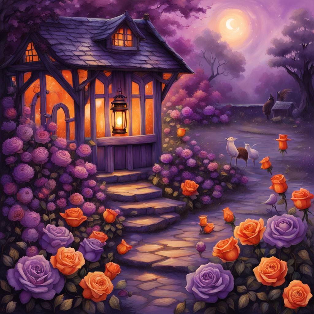 Enchanted Cottage with Lantern, Roses, and Wishing Well