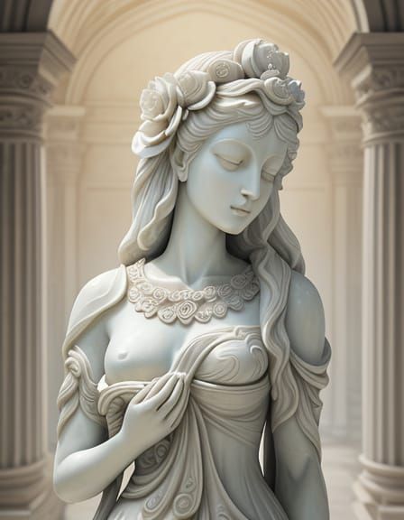Marble Woman Statue With Giant Peony Bloom in Classical Styl...