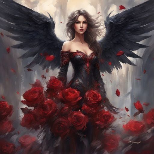 Ethereal Dark Angel Portrait in Gothic Watercolor Style