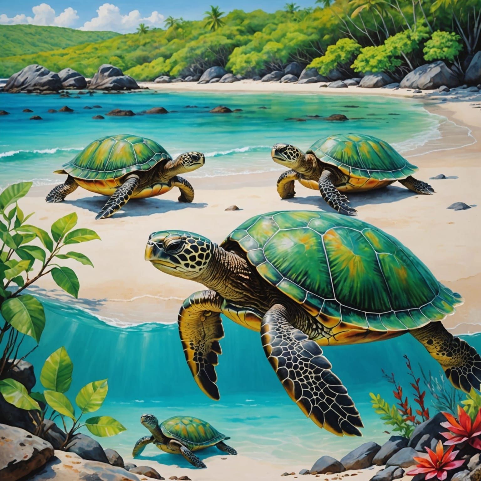 Galapagos Turtles on Emerald Beach: Oil and Watercolor