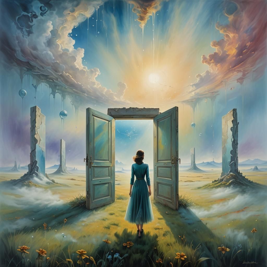 Surreal Landscape with Floating Doors in Oil Painting Style