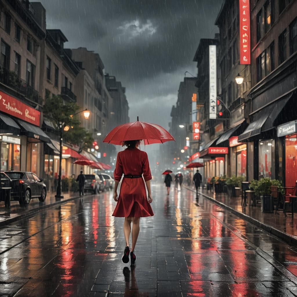 Woman in Red Dress Walks in Rainy City, Impressionism