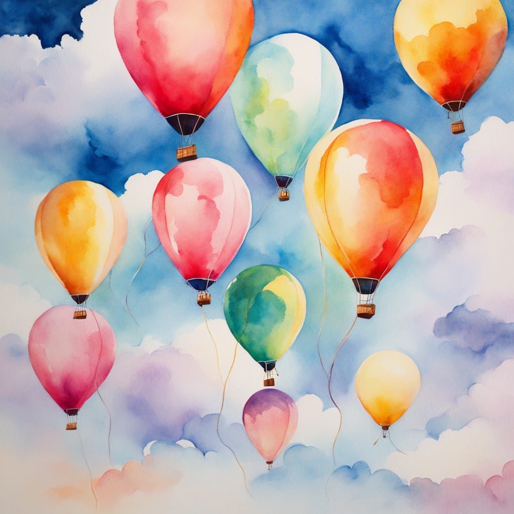 Balloons Float to Sky in Watercolour Painting