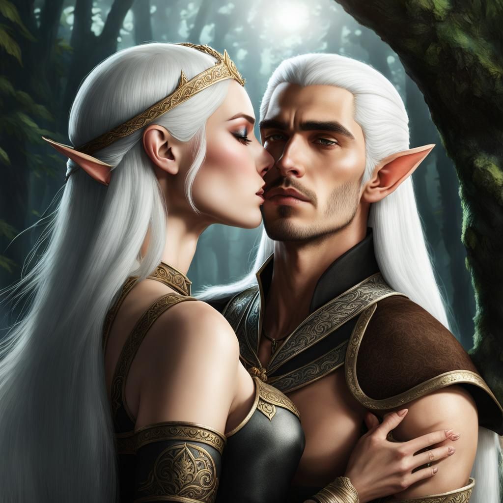 Romantic Kiss Between Human and Elf