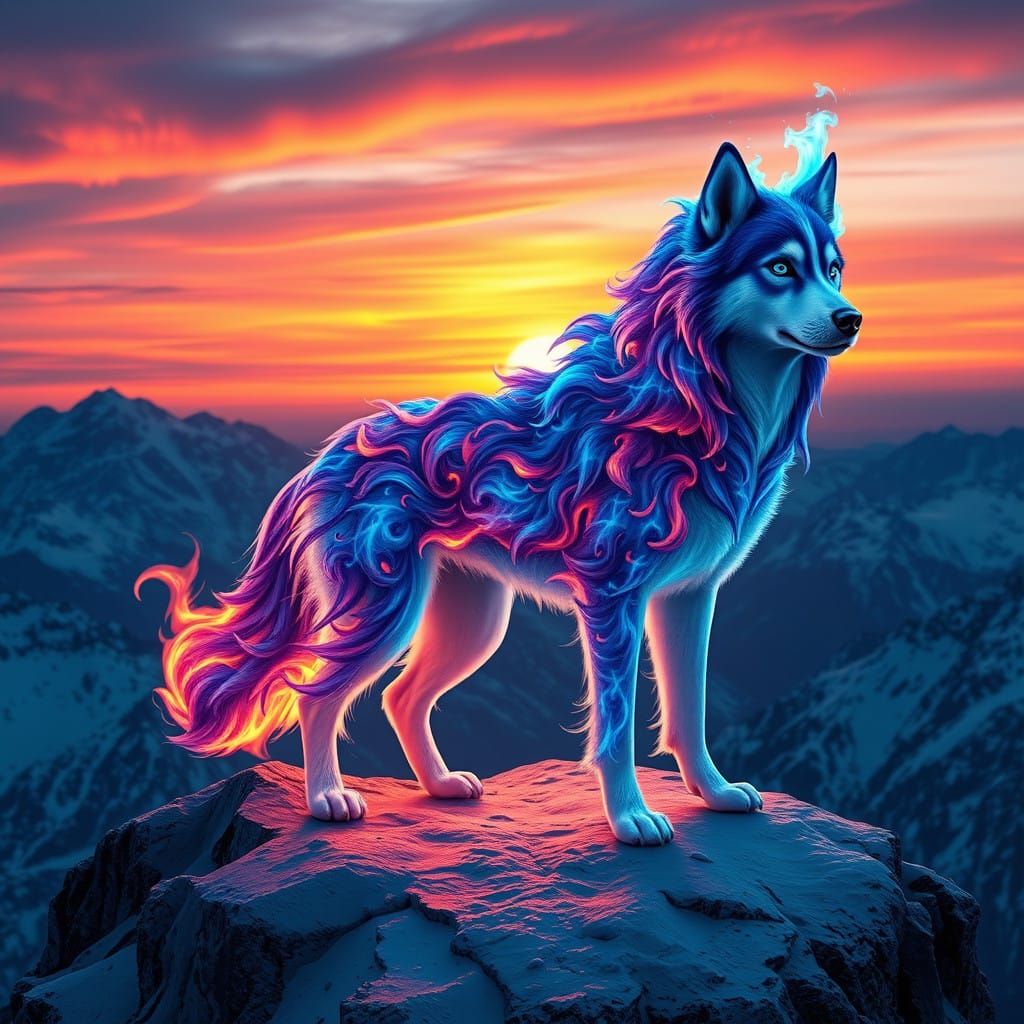 Majestic Blue Flame Husky Against Vibrant Sunset in Fantasy...