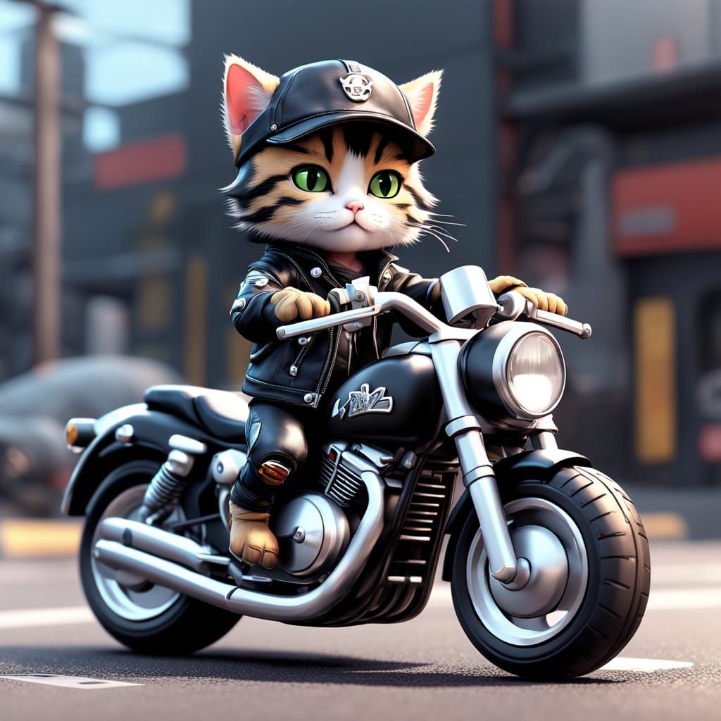 Cute Kitten Biker on Motorcycle in 3D Anime Art