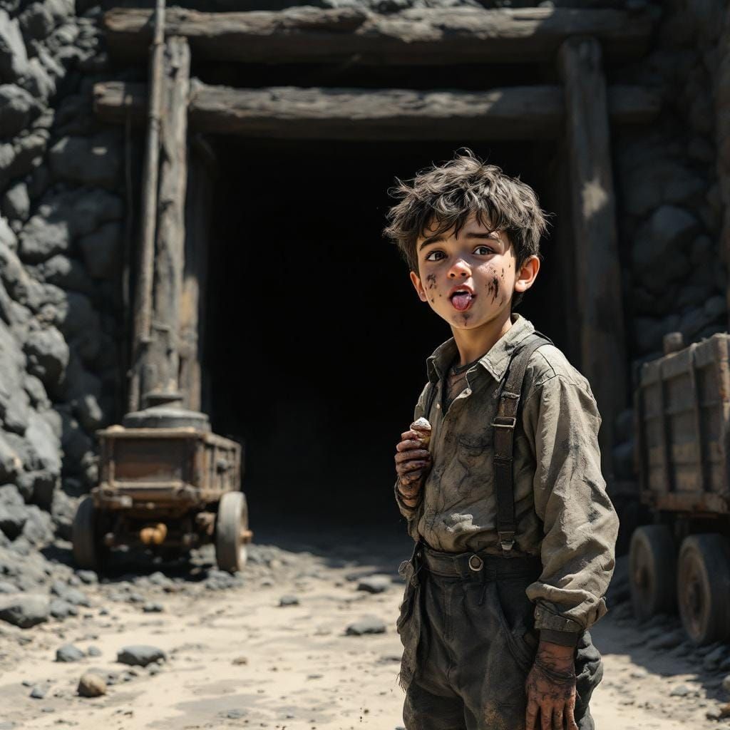 Hyperrealistic Boy with Ice Cream at Coal Mine
