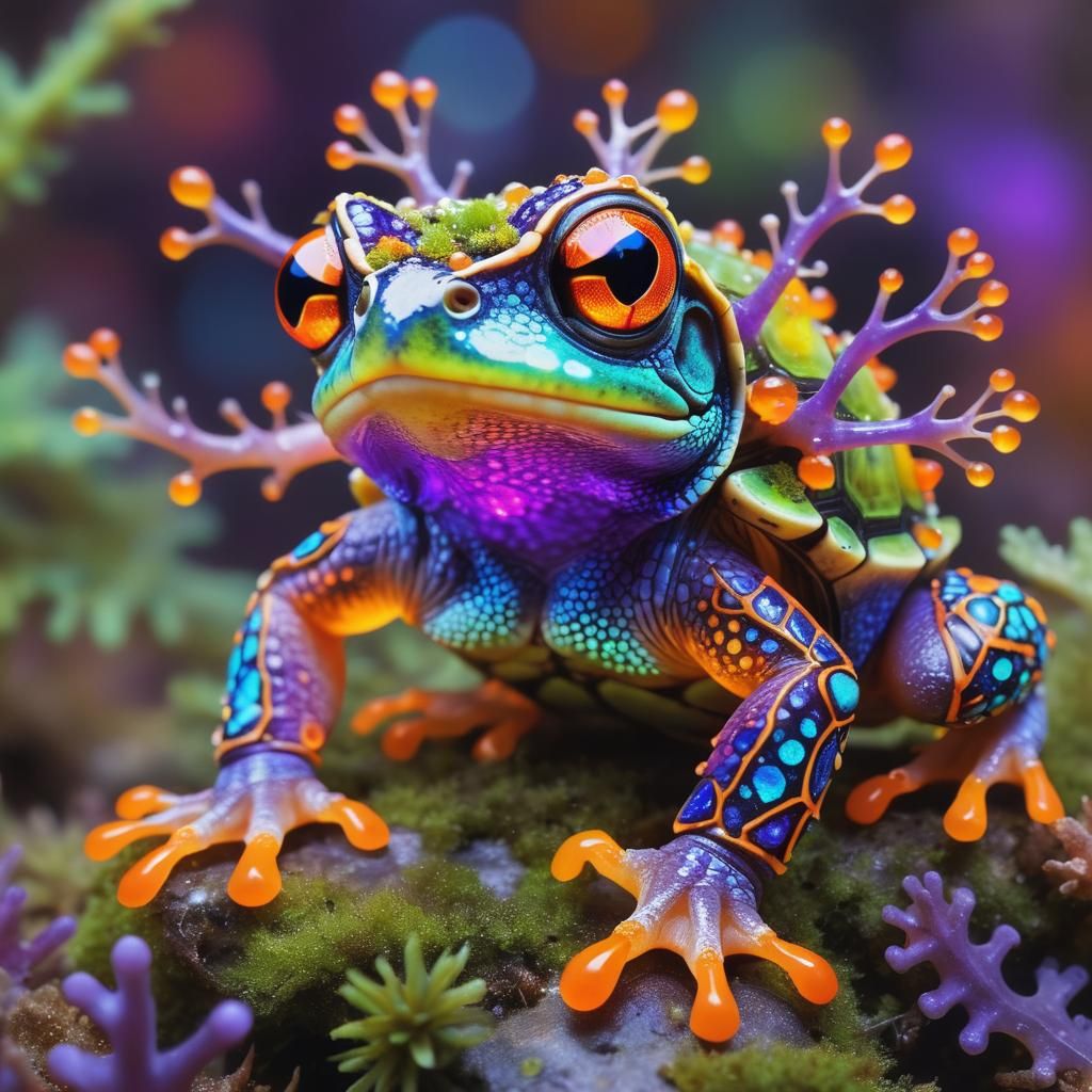 Cute Fluorescent Frog-Tortoise with Gemstone Shell