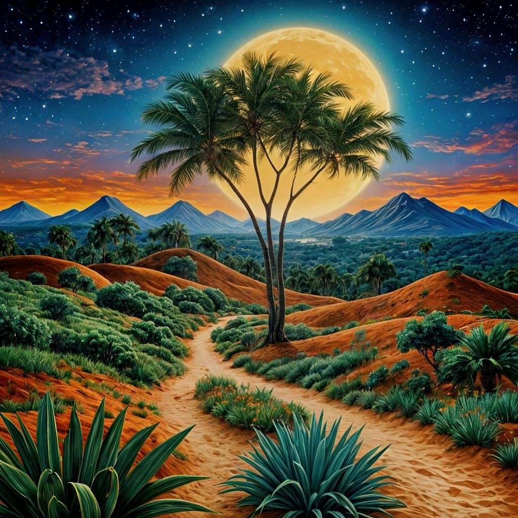 Glowing Palm Tree in Tropical Landscape