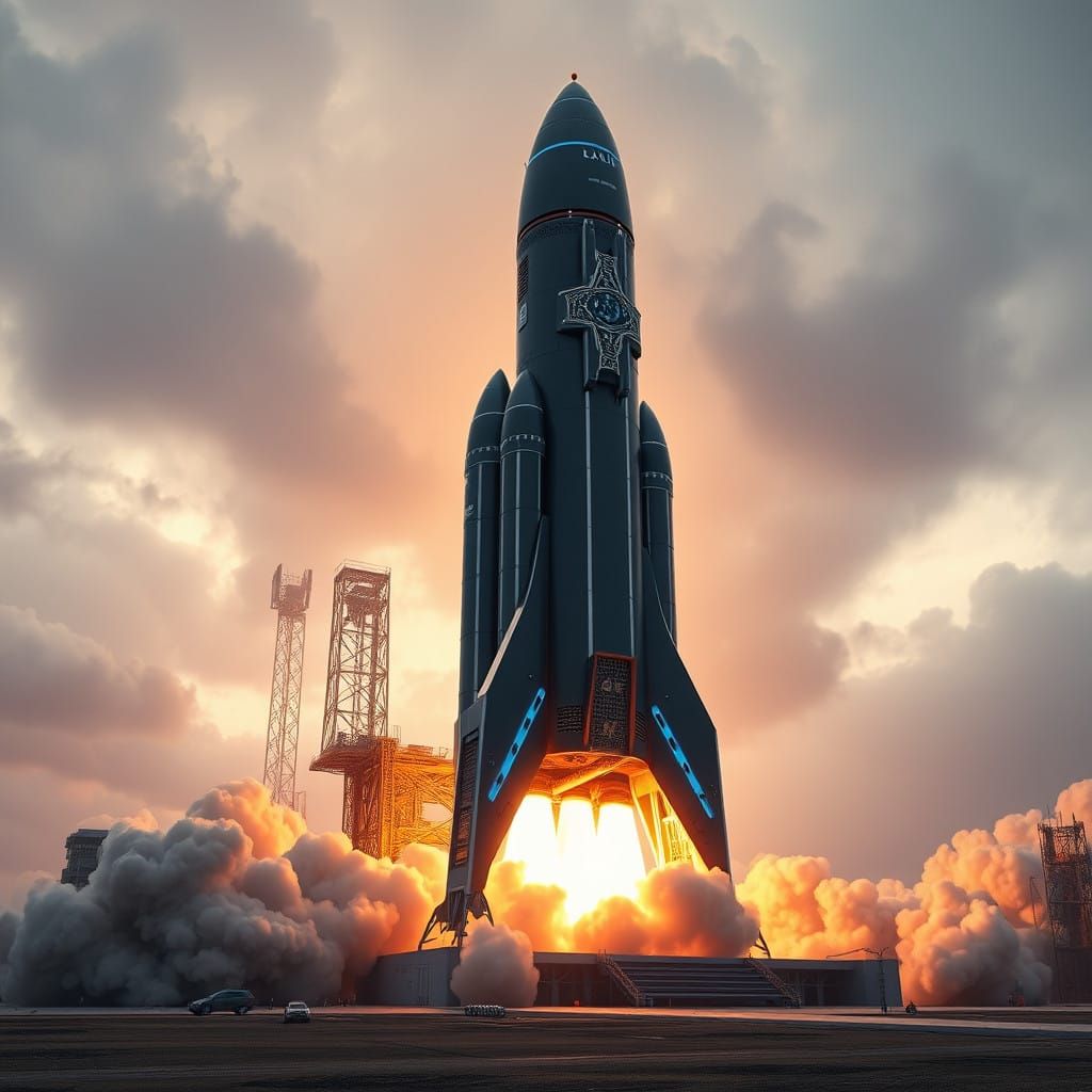 Cosmic Odyssey: Black and Blue Apollo Rocket Launch