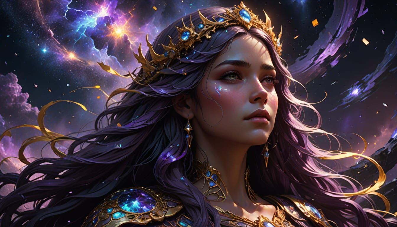 Celestial Goddess Weeping Light in Nebula, Digital Art