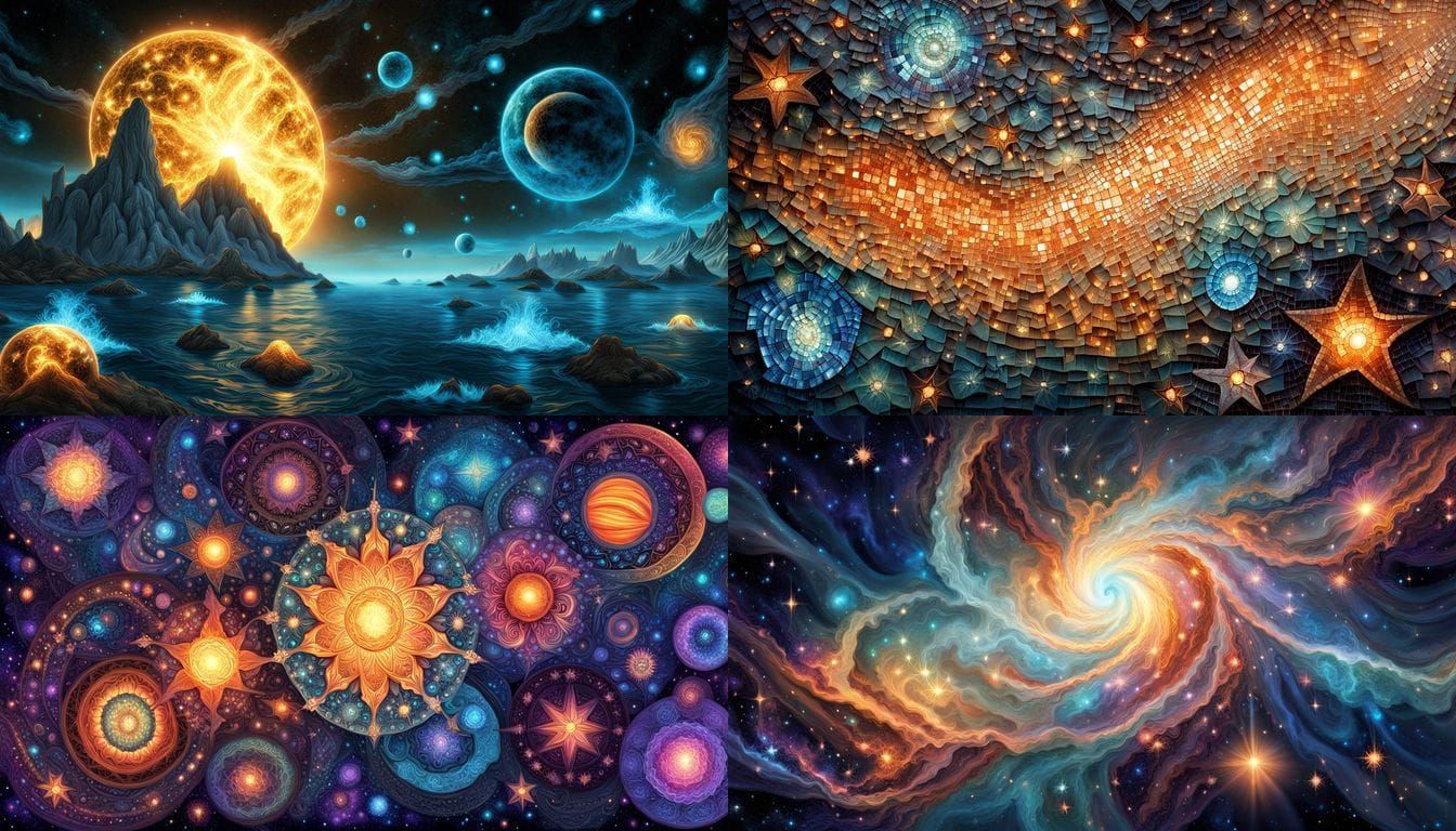 Cosmic Mosaic with Eerie Glow and Healing Properties