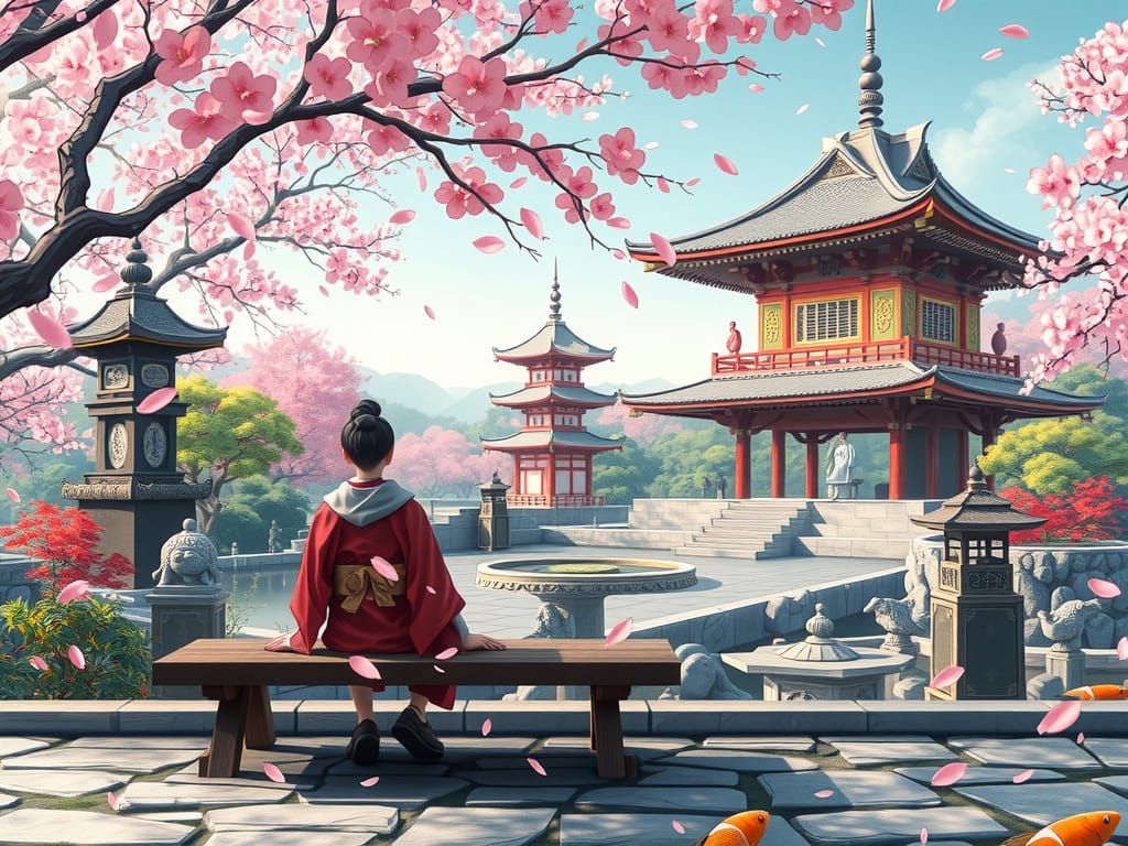 Meditating Figure in Japanese Cherry Blossom Garden